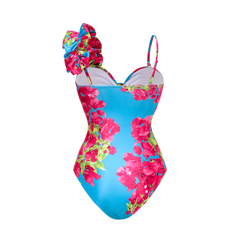 Ruffle Removable Shoulder Strap Pink Bougainvillea Flower Printed One Piece Swimsuit and Skirt Flaxmaker	