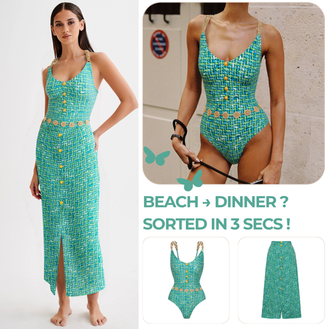 Tweed Print Metal Buckle One Piece Swimsuit and Skirt