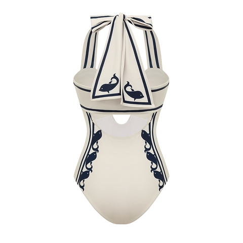 Navy Style Printed Bow Tie Decor One Piece Swimsuit and Skirt