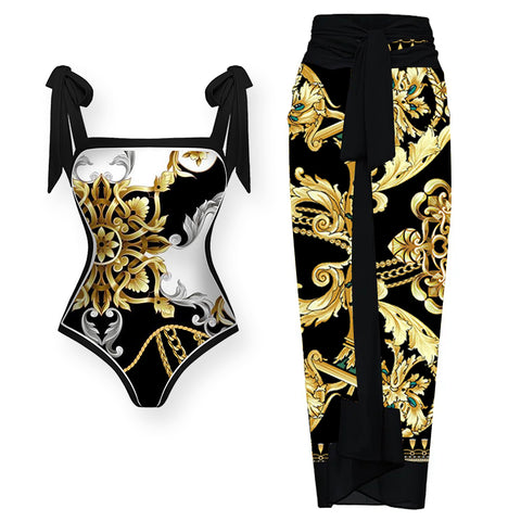 Reversible Tie-shoulder One Piece Swimsuit and Sarong