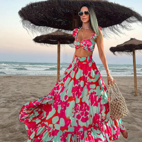 Printed Ruffle Bikini Swimsuit and Skirt	