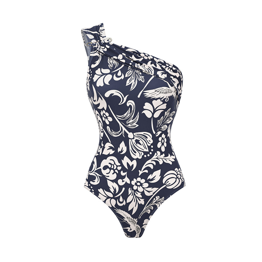 One Shoulder Ruched Blue Printed Swimsuit Set(s)	