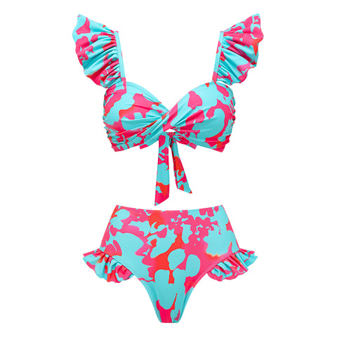 Printed Ruffled Starp High Waist Bikini Swimsuit and Skirt