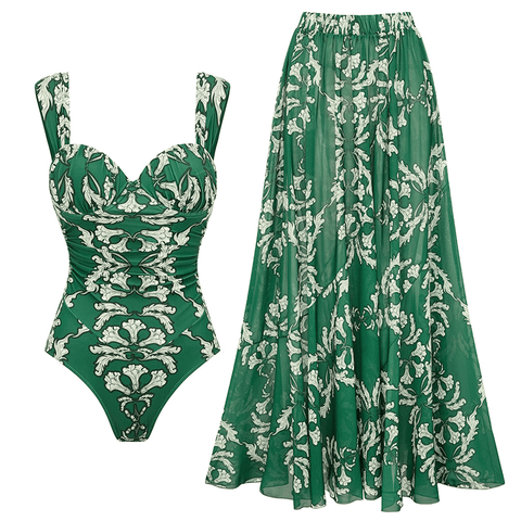 Sling Underwired Shirring Printed One Piece Swimsuit and Skirt	