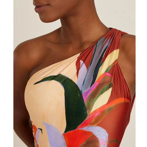 One Shoulder Printed One Piece Swimsuit and Skirt