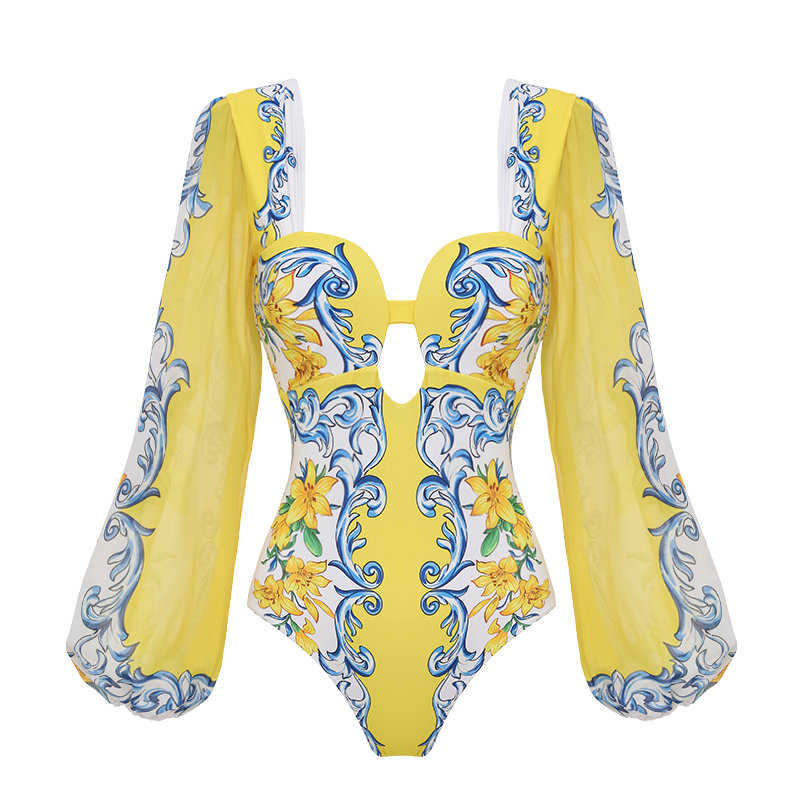 Printed Sicily Long Sleeved One Piece Swimsuit and Skirt	