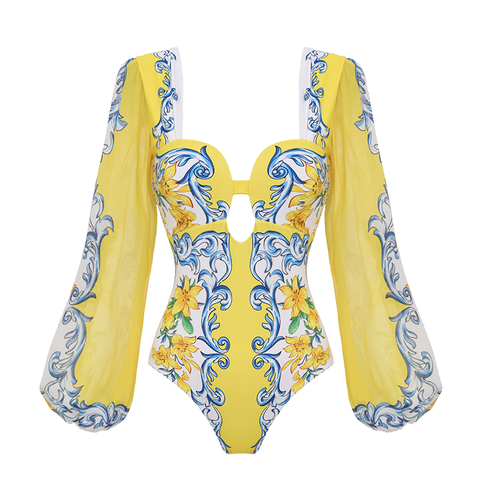 Printed Sicily Long Sleeved One Piece Swimsuit and Skirt	
