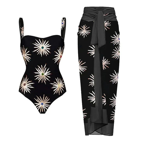 One Shoulder Printed Bikini Swimsuit and sarong