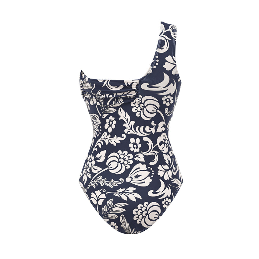 One Shoulder Ruched Blue Printed Swimsuit Set(s)	