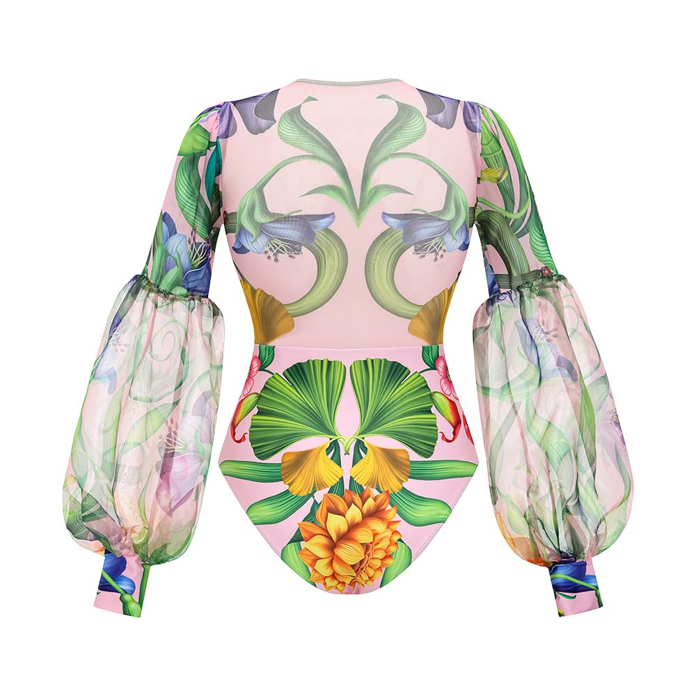 V-neck Long Sleeve Flowers Printed One Piece Swimsuit and Skirt	