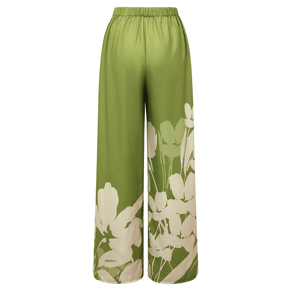 V Neck Long Sleeve Flower Print One Piece Swimsuit and Pants	