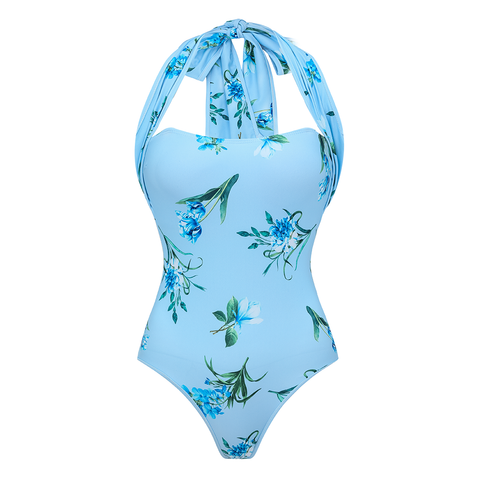 Two Ways Bowknot Floral Printed One Piece Swimsuit and Skirt	