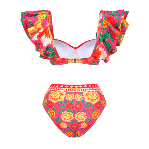 Ruffle Contrast Print Bikini Swimsuit and Skirt