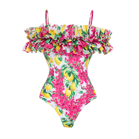 Bandeau Ruffled Lemon Floral Print One Piece Swimsuit and Mesh Splicing Sarong