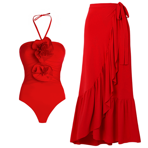 Halter 3D Flower One Piece Swimsuit and Skirt