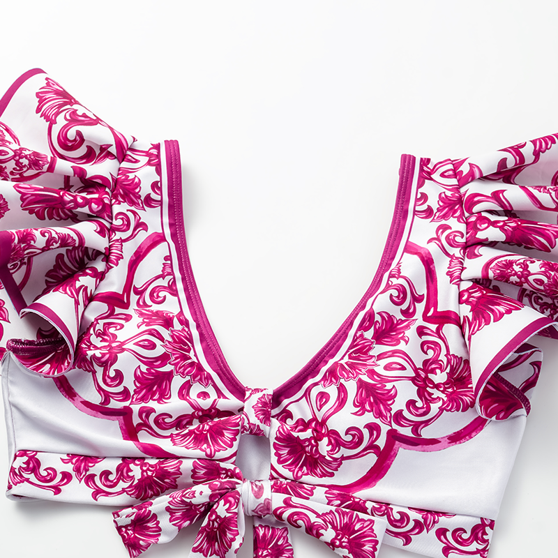 Ruffle Classic Majolica Series Pattern Print Bikini Swimsuit and Skirt or Shorts	