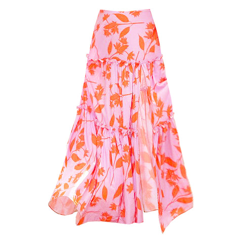 Ruffled V Neck Pink One Piece Swimsuit and Side Slit Skirt Flaxmaker