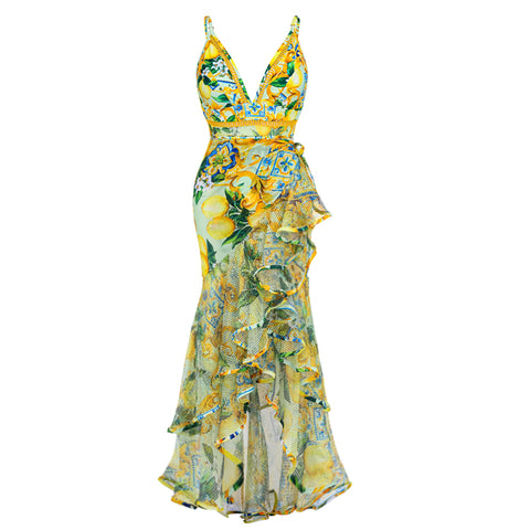 V Neck Blue Mediterranean Print One Piece Swimsuit and Mesh Splicing Skirt
