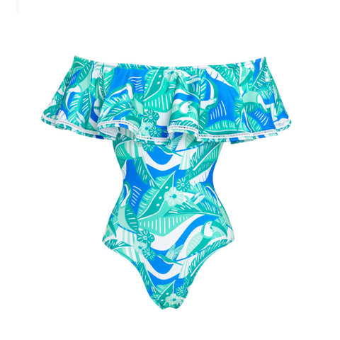 Off Shoulder Ruffled Tropical Print One Piece Swimsuit and Skirt