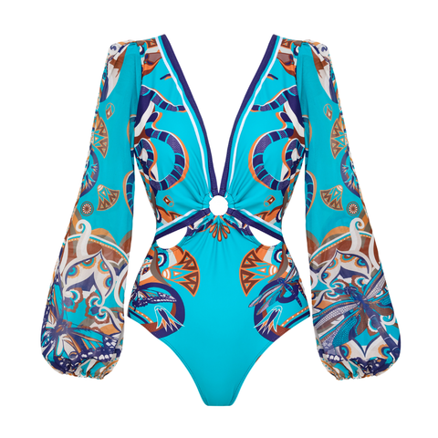 Butterfly and Dragonfly Long Sleeve Hollow Print One Piece Swimsuit and Skirt
