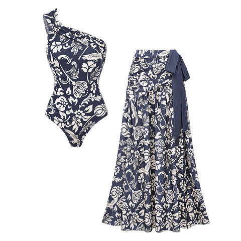 One Shoulder Ruched Blue Printed Swimsuit Set(s)	