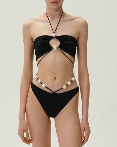 Pearl Detail Halter Lace Up Sexy Bikini Swimsuit and Sarong
