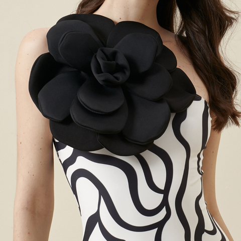 3D Flower Printed One Piece Swimsuit and Skirt