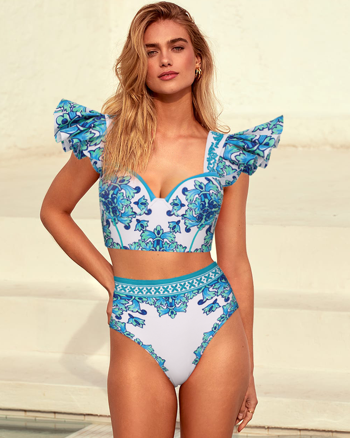 Ruffle Majolica Print Bikini Swimsuit and Sarong or Pants	