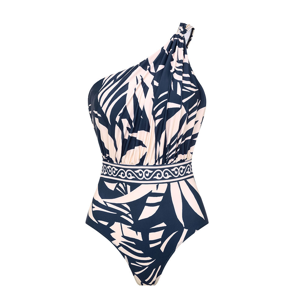 One SHoulder Leaves Print One Piece Swimsuit and Pants	