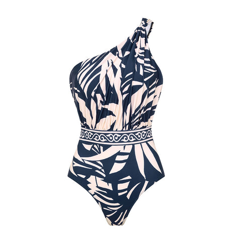 One SHoulder Leaves Print One Piece Swimsuit and Pants	