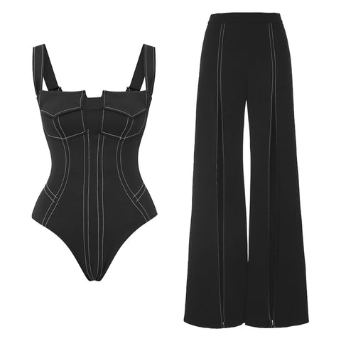 Black Pocket One Piece Swimsuit and Slit Pant