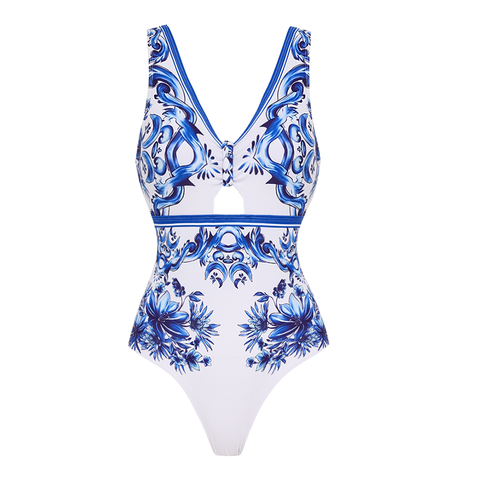 V Neck Majolica Print One Piece Swimsuit and Skirt or Pants