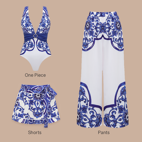 V Neck Classic Majolica Series Pattern Print One Piece Swimsuit and Pants or Shorts	