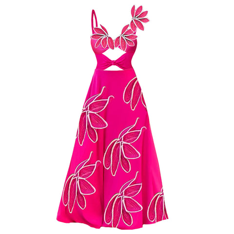 3D Flower Hot Pink Cutout One Piece Swimsuit and Skirt
