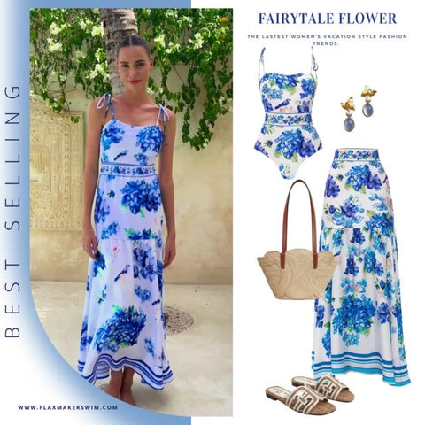 Hydrangea Prints One Piece Swimsuit and Skirt	