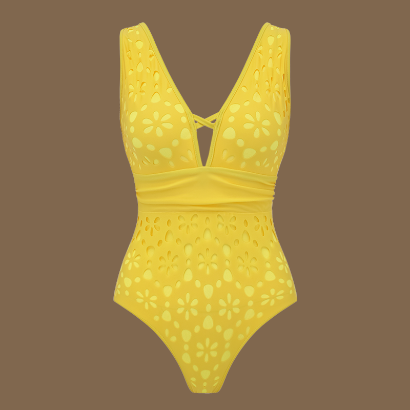 Yellow Color Laser Cutting Flower Hollow One Piece Swimsuit and Skirt	