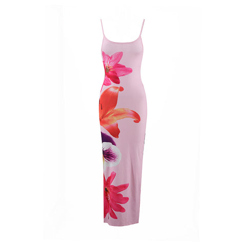 Sling Backless Blossom Print Slit  Dress