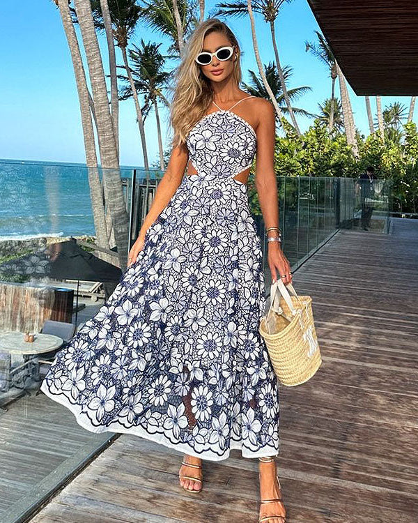 Embroidery Cutout Backless Dress
