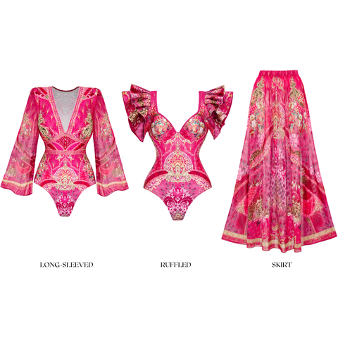 Long-sleeved Rose Red Blooming Flower Print One Piece Swimsuit and Skirt
