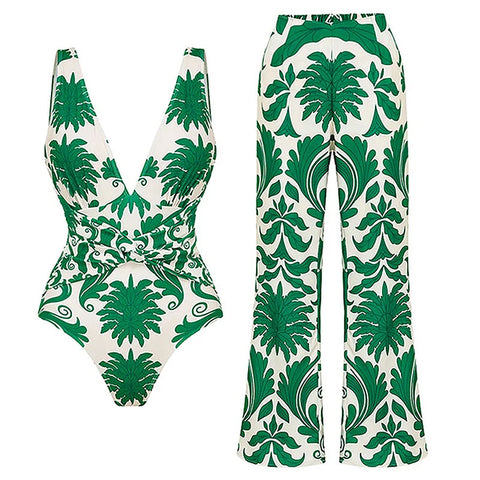 V Neck Green Printed Knotted at Waist Tummy Control One piece Swimsuit and Skirts or Pants	