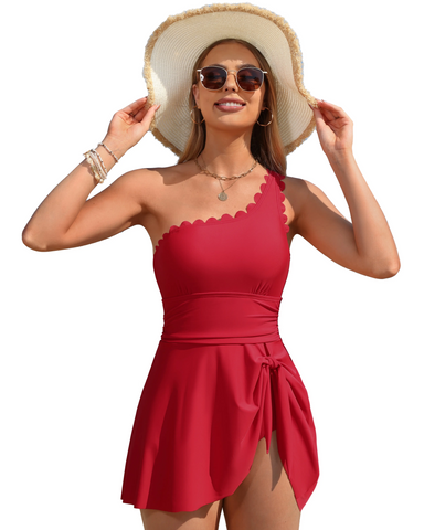One Shoulder Tummy Control One Piece Swimdress