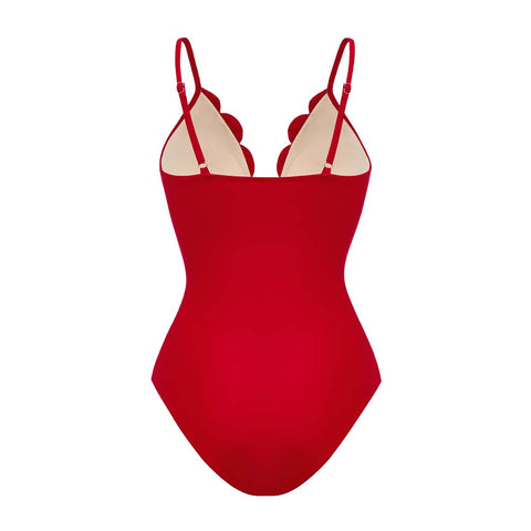 Red Laser Cutting Flower Hollow One Piece Swimsuit and Skirt
