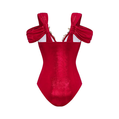 Red Shiny Embroidery Decoration One Piece Swimsuit and Skirt