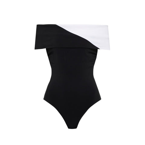 Off Shoulder Color Block One Piece Swimsuit and Skirt	