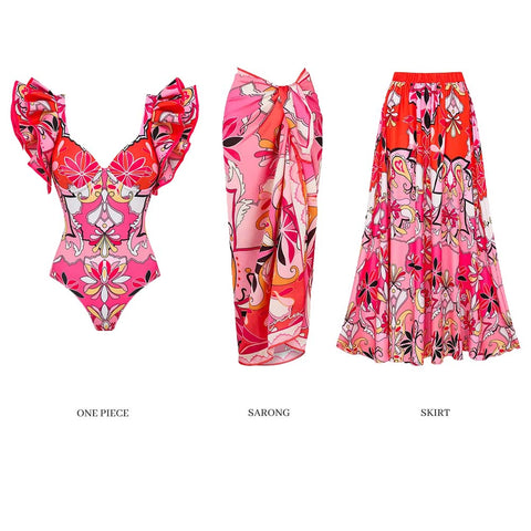 Ruffle Sleeves Red and Pink Pattern One Piece Swimsuit and Skirt	