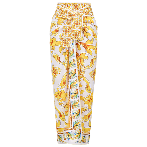 Ruffle V Neck  Golden Majolica Print One Piece Swimsuit and Scooter skirt