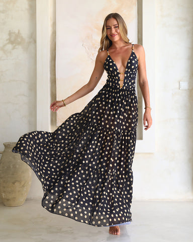 Black and Gold Polka Dots V-neck One Piece Swimsuit and Skirt	