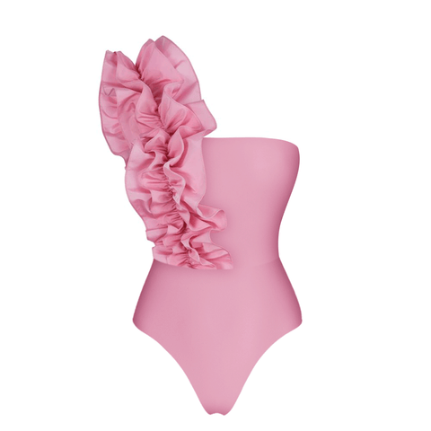 One Shoulder Ruffle Solid Color One Piece Swimsuit and Skirt