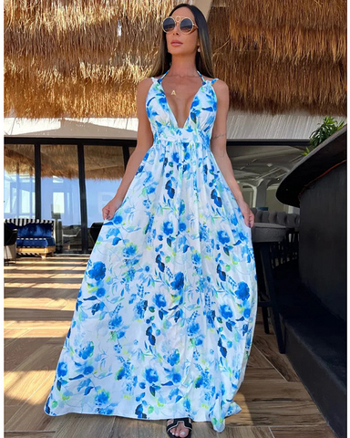 Backless V Neck Slit Printed Dress