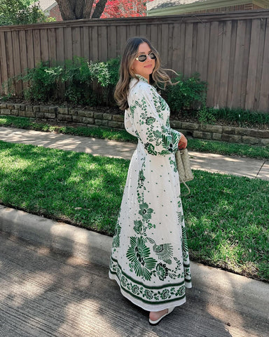 V Neck Retro Printed In Green Dress